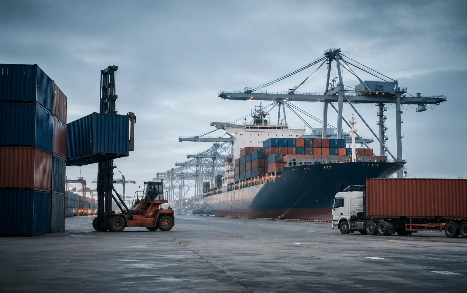 Aerial view of a busy container terminal, stacked shipping containers and cranes beside the water